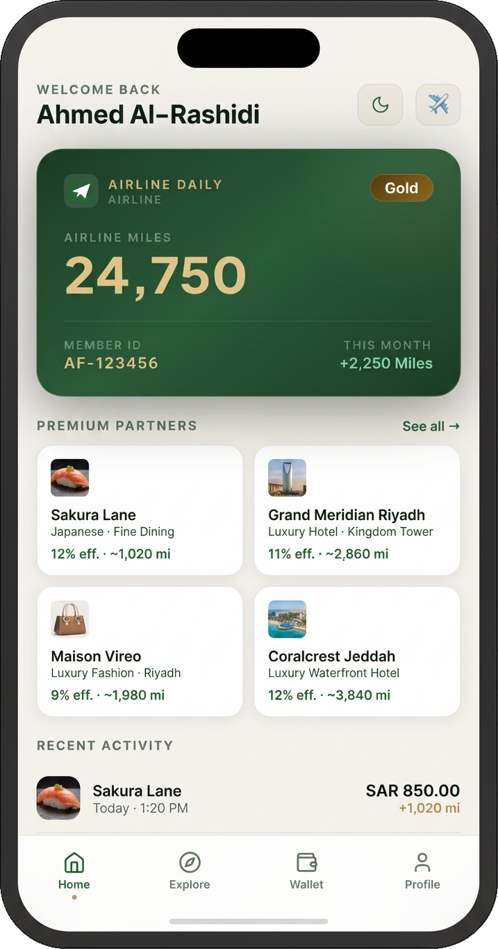 White-labelled Rewardo Orood app screen for an airline loyalty programme showing miles balance and premium merchant partners