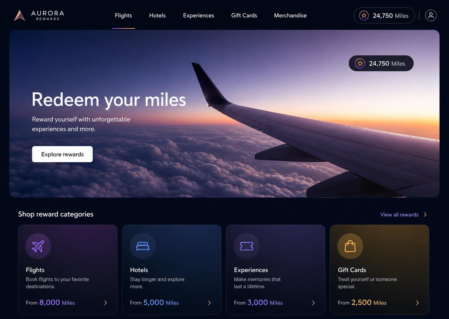 Loyalty rewards marketplace homepage with flights, hotels, experiences, gift cards and merchandise categories