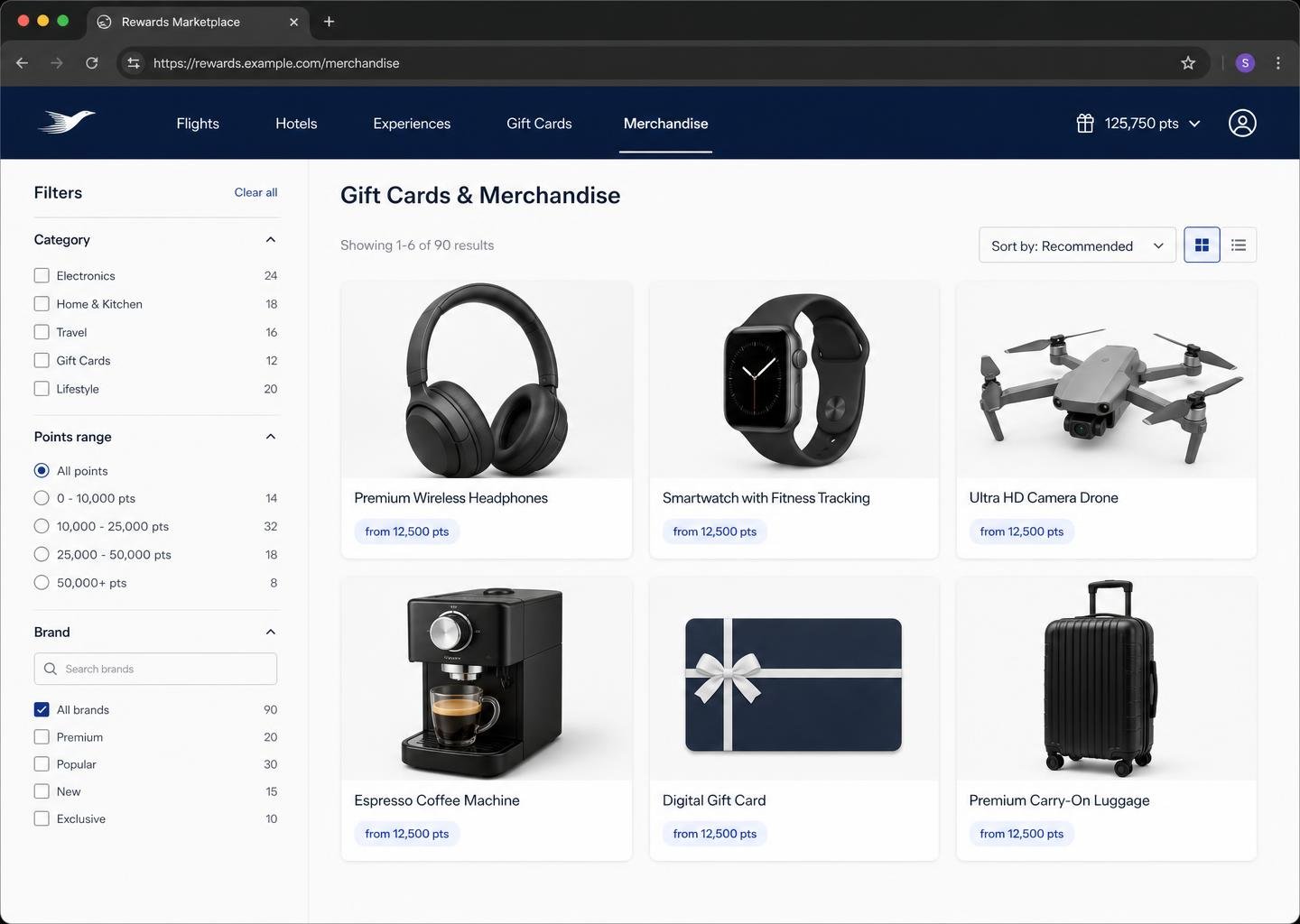 Rewards marketplace category catalogue with flights, hotels and experiences