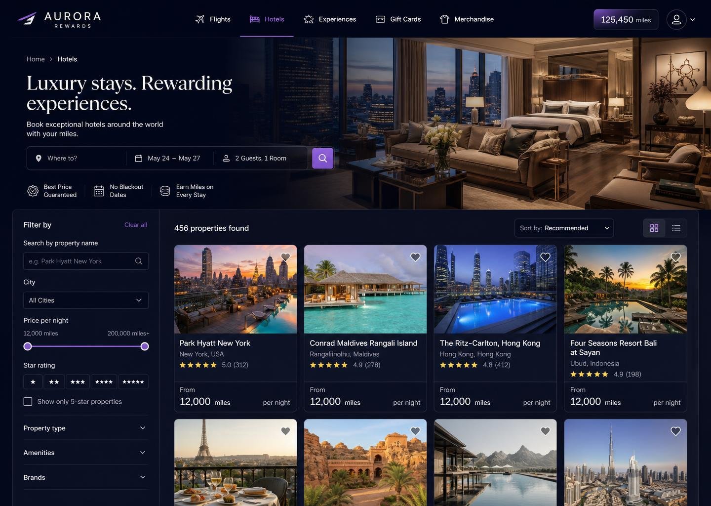 Rewards marketplace hotel redemption category with miles pricing